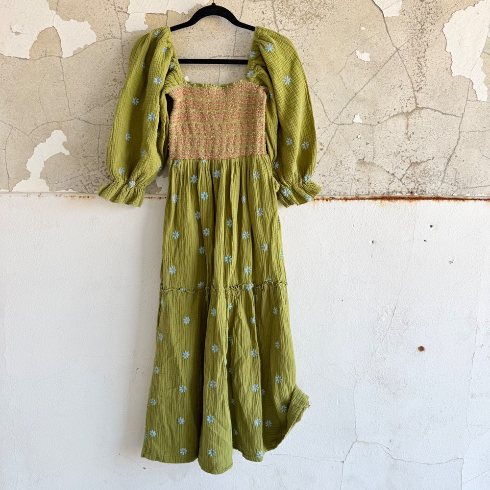 Midi Dress Smocked Puff Sleeve Floral Embroidered Gauze Cottagecore Boho Medium - Picture 4 of 9